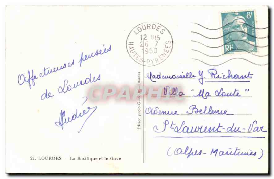 CPA Lourdes La Basilique et le Gave  — Verso
