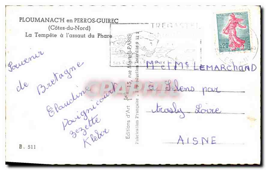 CPA Ploumanach en Perros Guirec Cotes du Nord La Tempete a l'assaut du Phare  — Rückseite