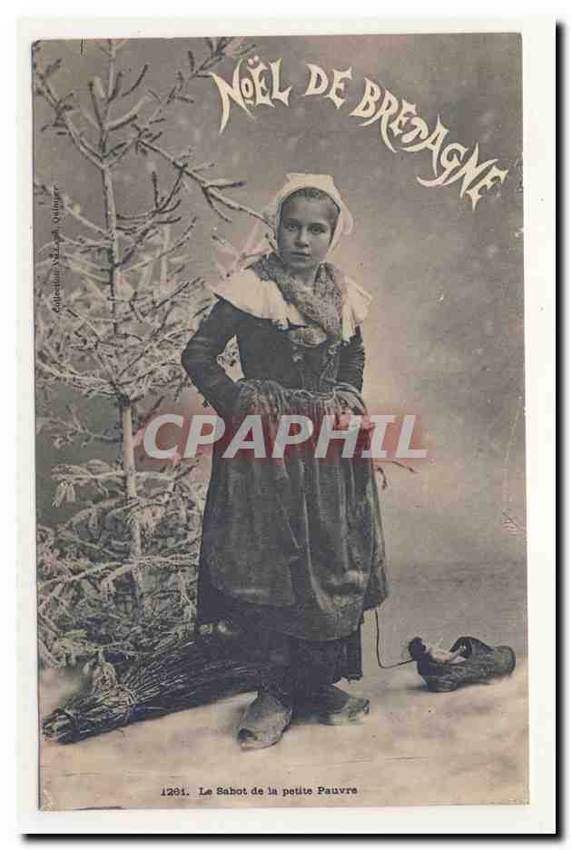 noel de bretagne sapin sabot petite pauvre coiffe bretonne bonnet folklore broderie embroidery headdress costume CPA