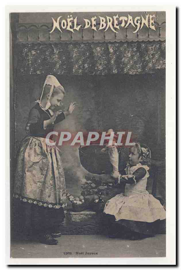 Noël de Bretagne — scène de Noël avec deux enfants en costume traditionnel — éditeur : Noël Joyeux, n° 1282