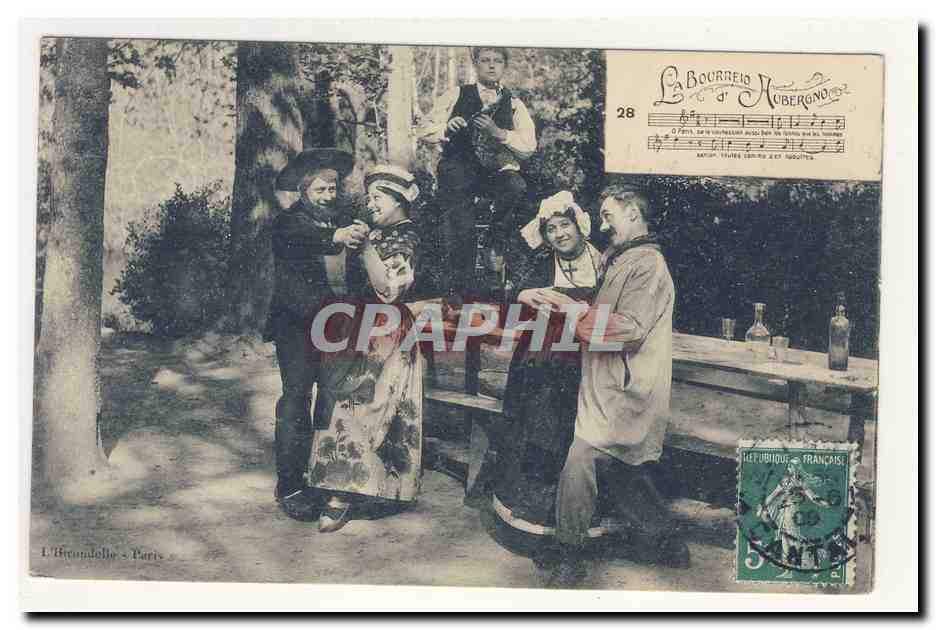 l'auvergne pittoresque la bourree bouc sabot cornemuse coiffe folklore broderie costume CPA