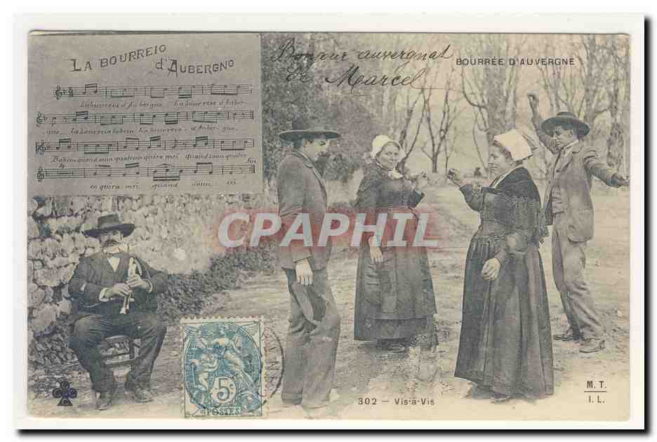 bourree d'auvergne pittoresque vis a vis coiffe folklore broderie costume CPA