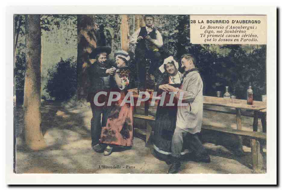 l'auvergne pittoresque la bourree bouc sabot cornemuse coiffe folklore broderie costume CPA