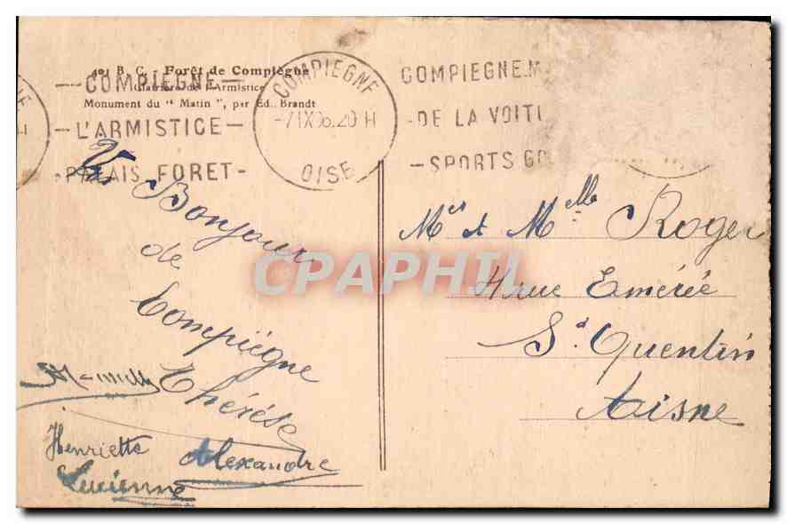 CPA Foret de Compiegne Clairiere de l'Armistice monument du Matin par Ed Brandt  — Rückseite