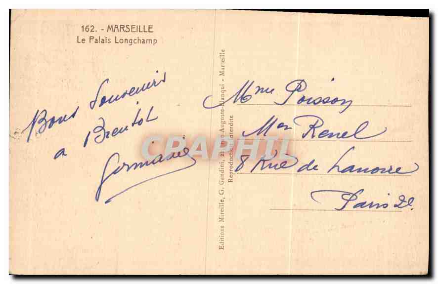 CPA Marseille le Palais Longchamp  — Verso