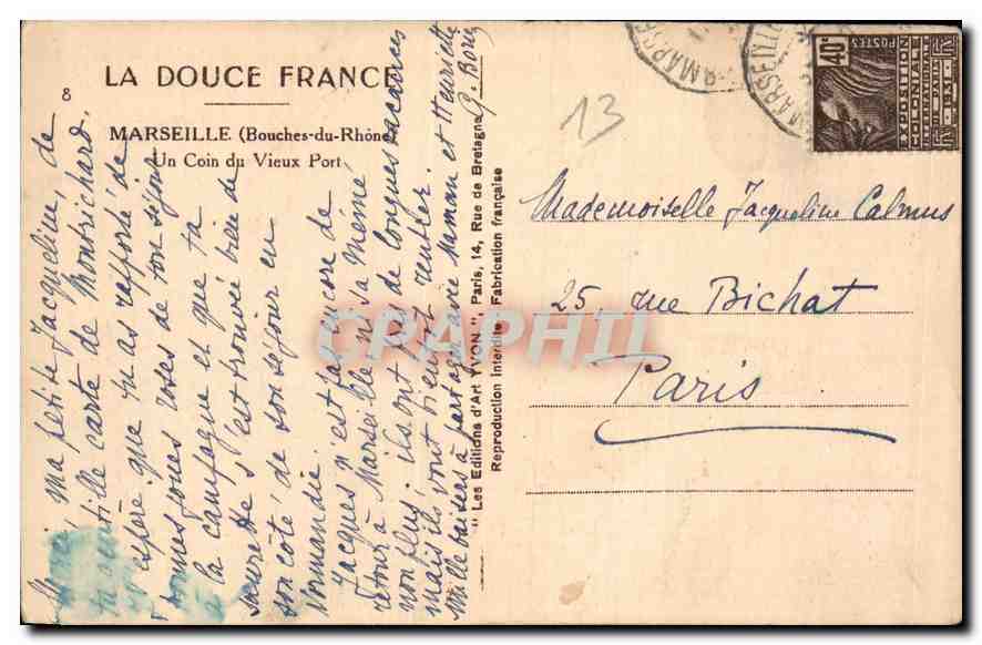 CPA Marseille Bouches du Rhone un Coin du Vieux Port Bateaux — Verso
