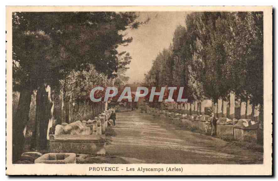 Provence - Les Alyscamps (Arles) — vue des allées bordées de statues romaines — éditeur CPAPHIL, n°13