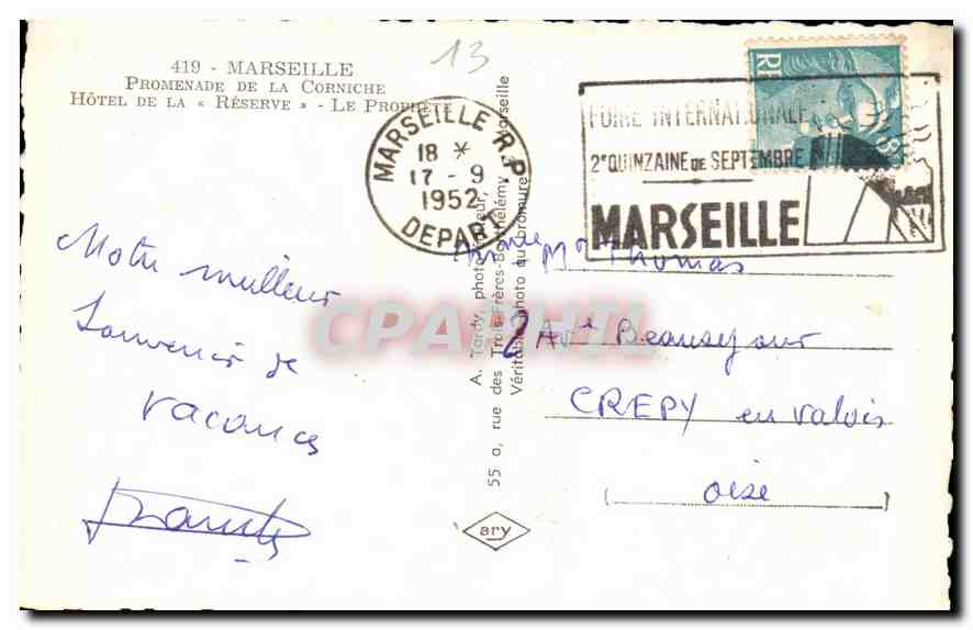 CPA Marseille Promenade de la Corniche Hotel de la Reserve  — Verso