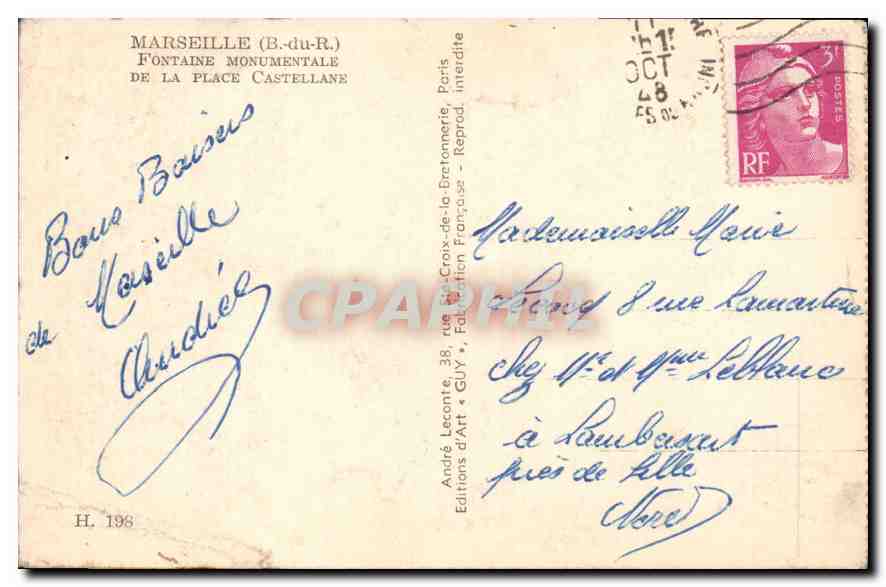Tarjeta postal antigua Marsella B del R fontaine monumental de la Place Castellane — Reverso