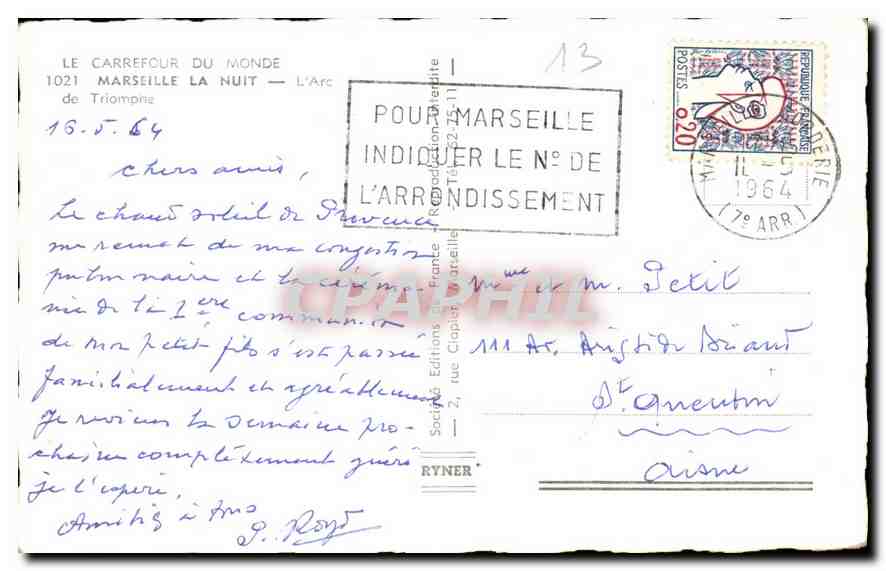CPA Le Carrefour du Monde Marseille la nuit l'Arc de Triomphe  — Rückseite