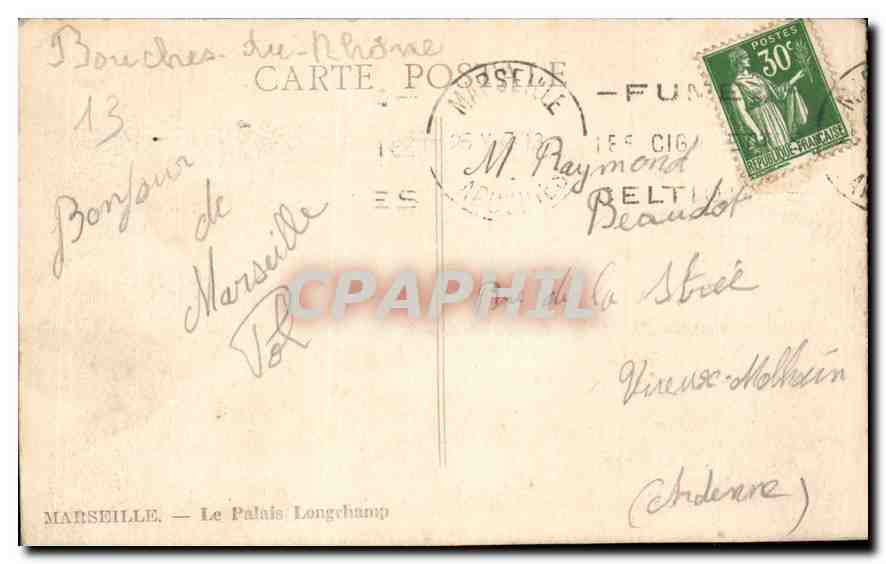 CPA Marseille le Palais Longchamp  — Verso