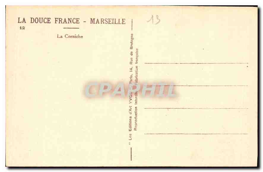 CPA Marseille la Corniche  — Rückseite