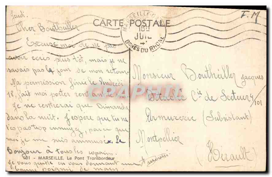 CPA Marseille le Pont Transbordeur  — Verso