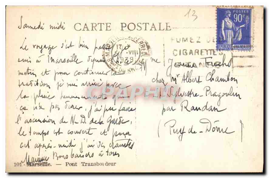 CPA Marseille Pont Transbordeur  — Verso