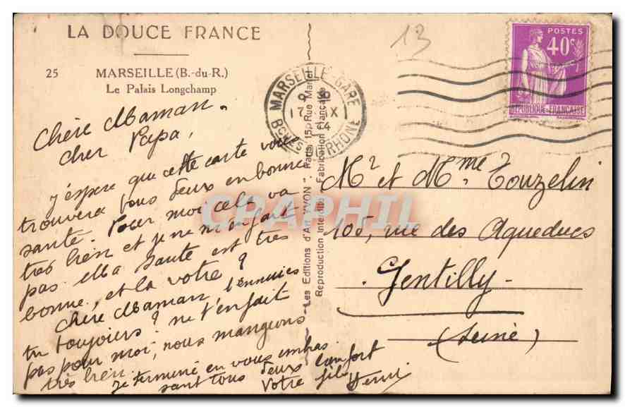 CPA Marseille B du R le Palais Longchamp — Rückseite