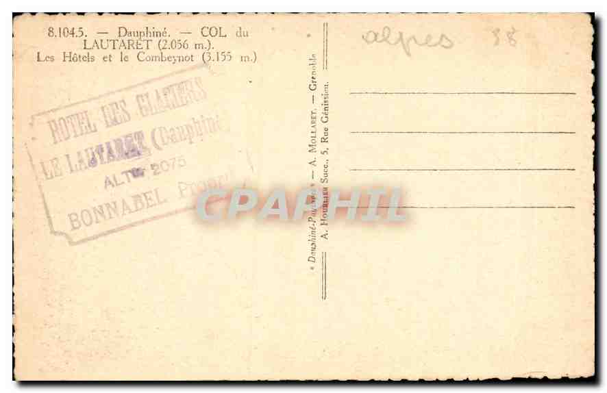 Col du Lautaret — Les Hôtels et le Combeynot — Éditeur A. Mollaret, Grenoble — Reverso