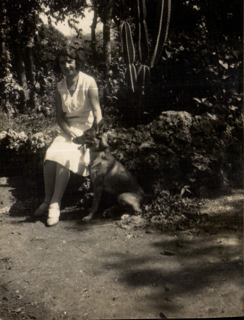 Femme et chien — jardin tropical — Tarjeta Postal