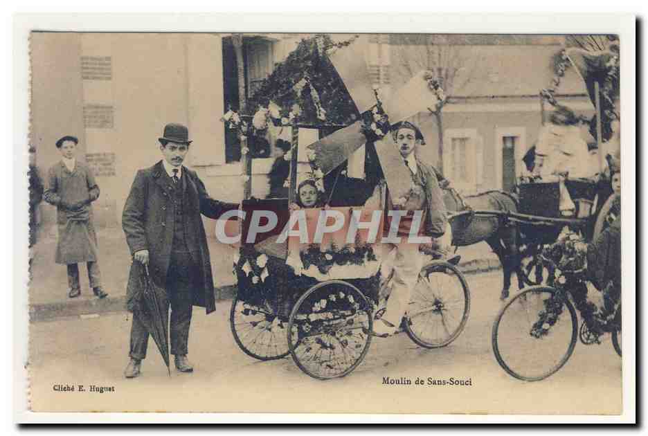 Moulin de Sans Souci wind mill tricycle fete defile parapluie animation TOP CPA