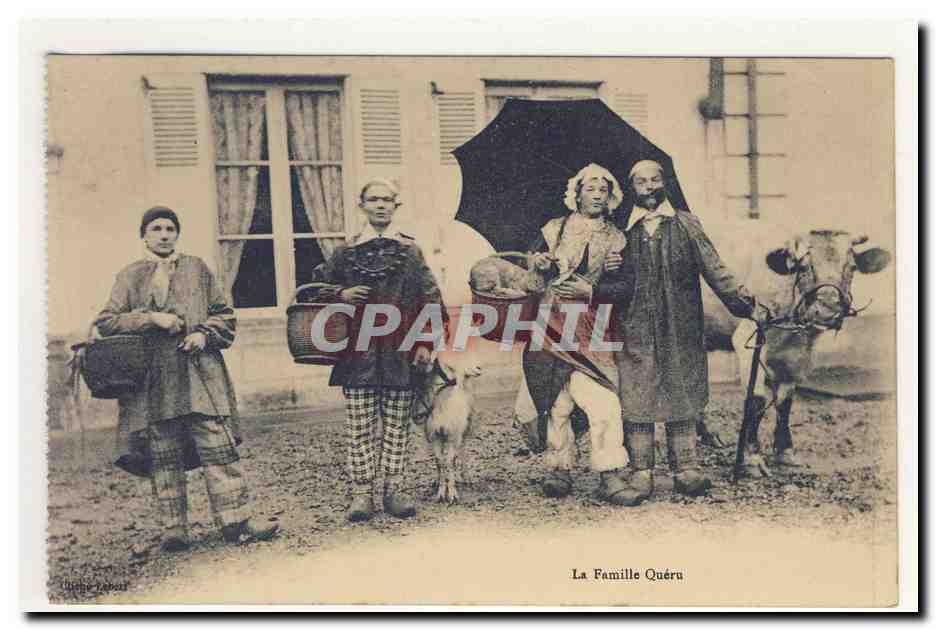 Famille QUERu paysan chevre boeuf parapluie sabots paniers coiffe costume pittoresque animation TOP CPA