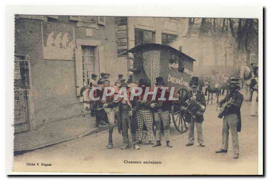 chanteurs ambulants guitare accordeon cariole clown cheval chapeau singer costume pittoresque carnaval animation TOP CPA