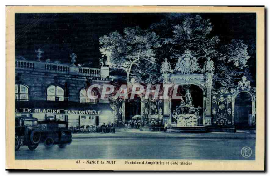 Nancy la Nuit — Fontaine d'Amphitrite et Café Glacier — Éditeur : J. E. (N° 62)