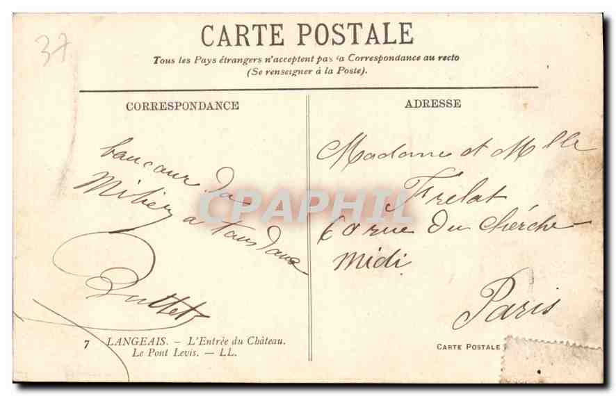CPA Langeais l'Entree du Chateau le Pont Levis  — Rückseite
