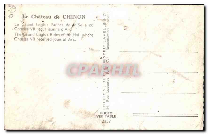 CPA Le Chateau de Chinon le Grand Logis Ruines de la Salle ou Charles VII recut Jeanne d'Arc  — Rückseite