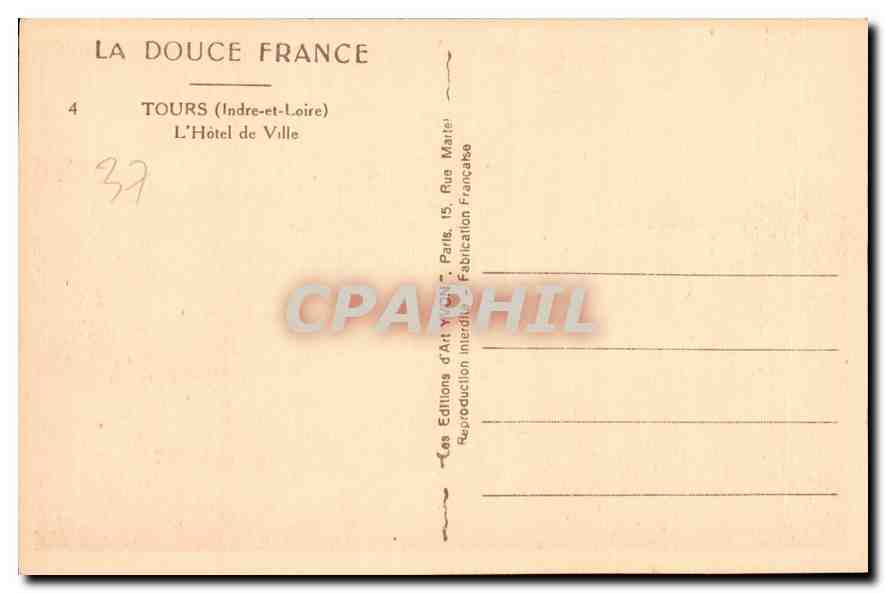 CPA Tours Indre et Loire l'Hotel de Ville  — Rückseite