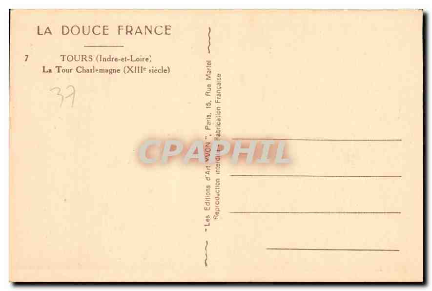 CPA Tours Indre et Loire la Tour Charlemagne XIII siecle  — Rückseite