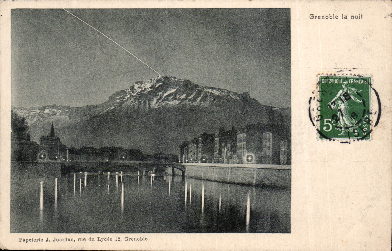 Grenoble in der Nacht — nächtliche Ansicht des Vieux-Pont und der Montée de la Croix — Papeterie J. Jourdan, rue du Lycée 12, Grenoble