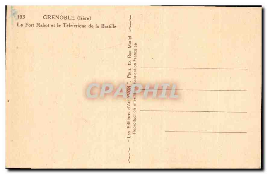 Grenoble (Isère) — Le Fort Rabot et le Téléphérique de la Bastille — Les Éditions d'Art WON, Paris — Verso