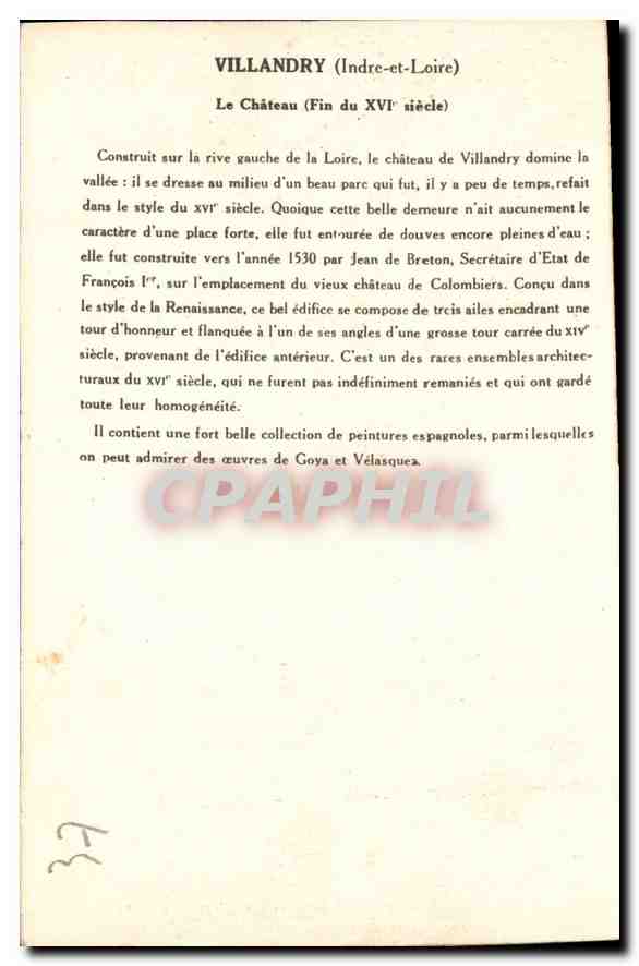 CPA Villandry Indre & Loire Le Chateau  — Rückseite