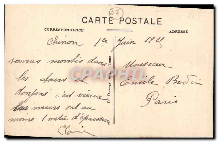 CPA Chinon I et L Le Chateau Mon hist Salle ou Jeanne D'Arc est venue reconnaitre le roi Charles VII — Rückseite