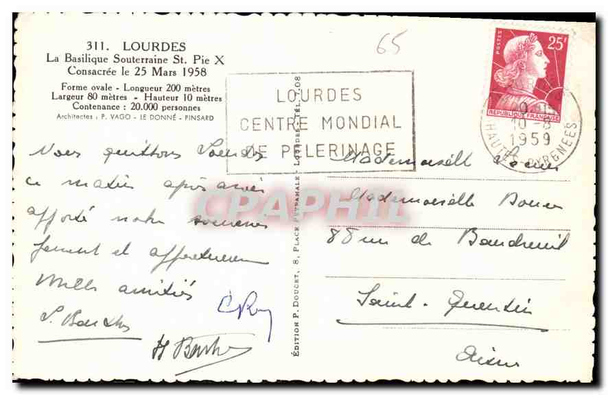 CPA Lourdes La Basilique Souterraine St Pie X Consacree le 25 Mars 1958  — Rückseite