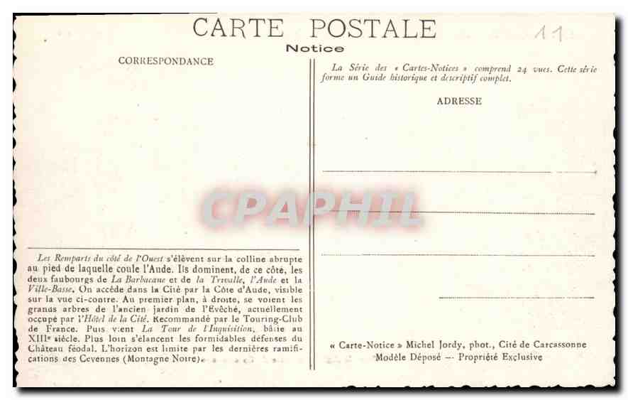 Carcassonne — Les Remparts et la Ville — Notice — Phot. Michel Jordy, Cité de Carcassonne — Verso