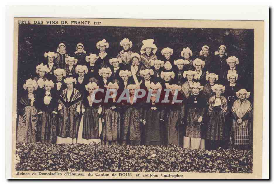 reines et demoiselles d'honneur du canton de DOUE coiffes costumes mode fete des vins de france 1937 animation CPA