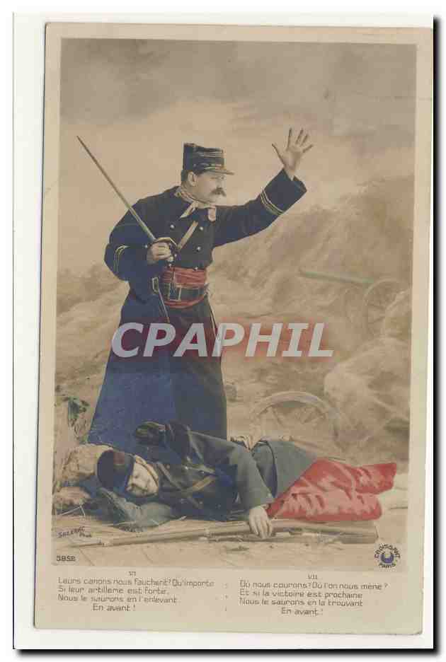 en avant ! leurs canons nous fauchent ! qu'importe ! fusil epee sabre uniforme canon propagande animation CPA