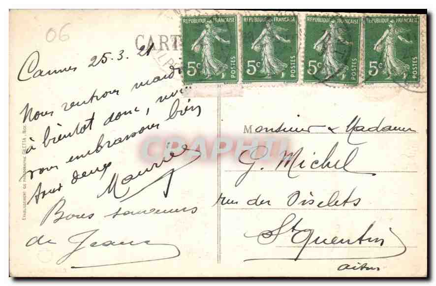 CANNES - Vue prise de la Californie et Montagnes de l'Estérel — éditeur : Établissement de Photographie Rios, n° 413 — Reverso