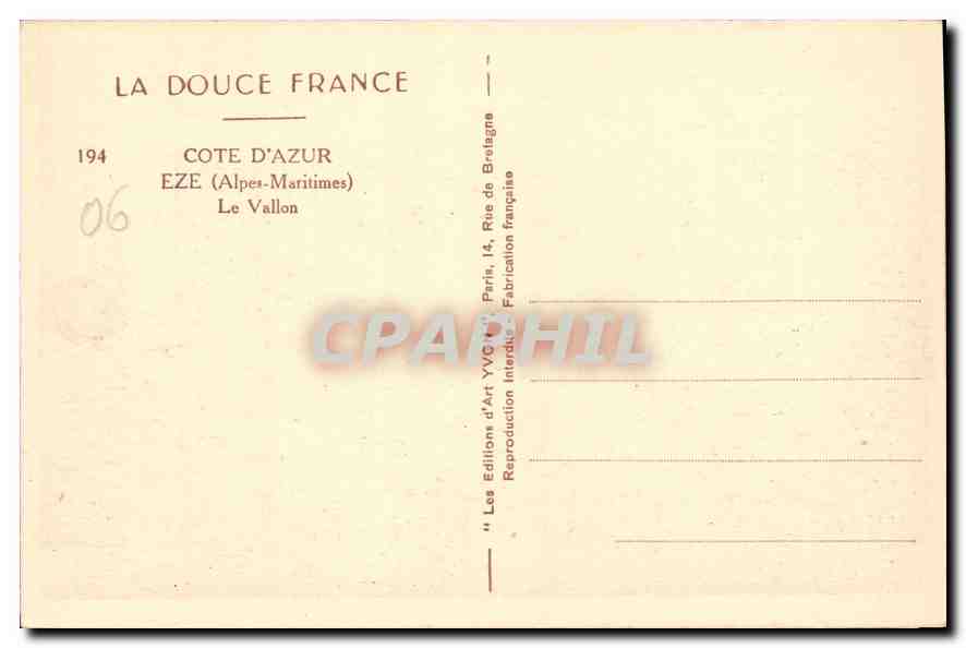 CPA Cote d'Azur Eze Alpes Maritimes le Vallon  — Rückseite