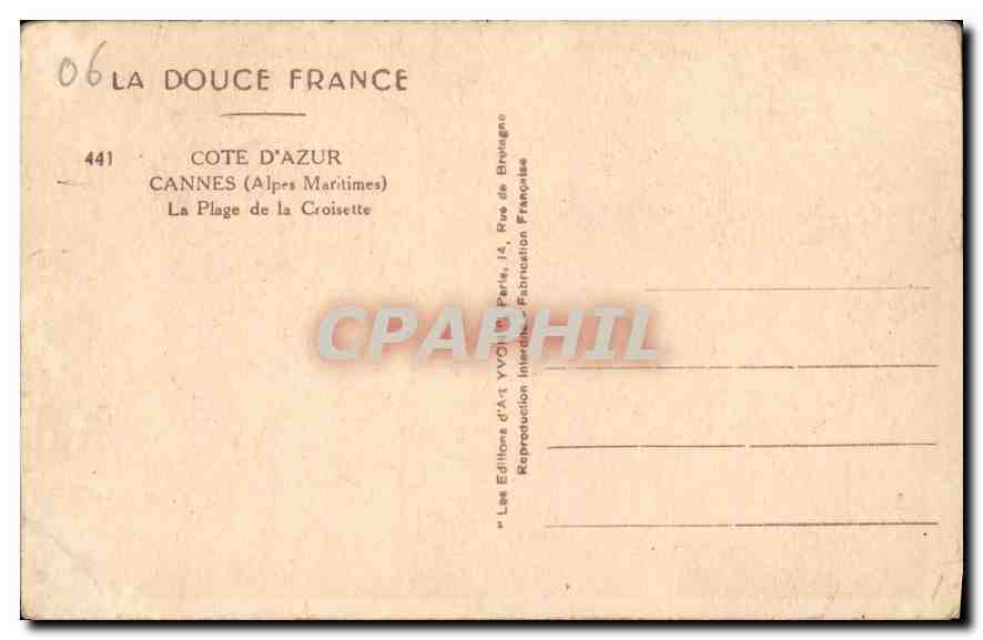 CPA Cote d'Azur Cannes Alpes Maritimes la Plage de la Croisette  — Verso