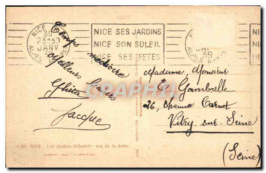 CPA Nice Les JArdins Albert Ier vus de la Jetee  — Rückseite