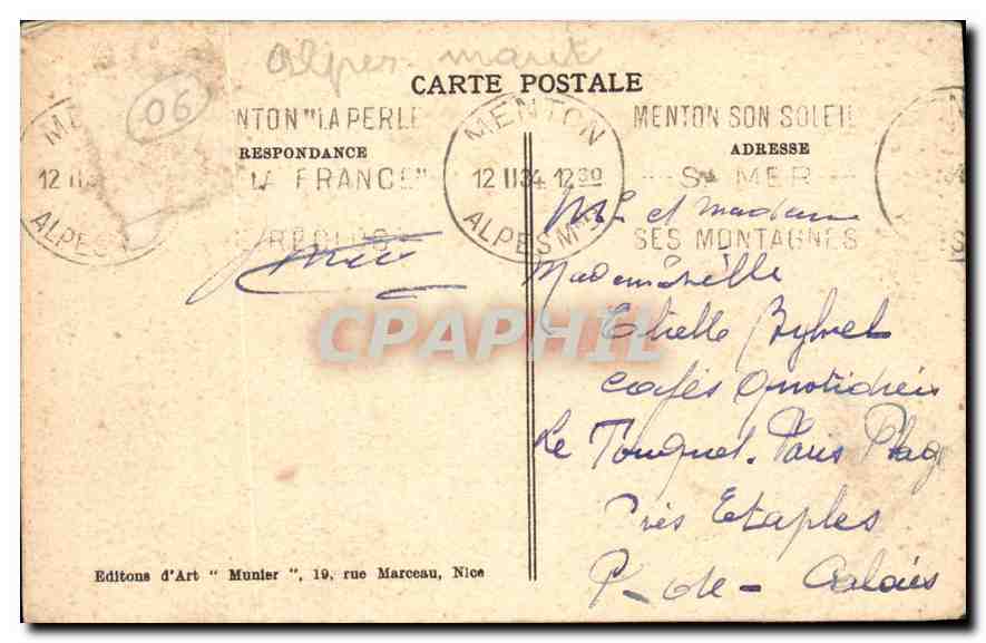 CPA Menton vue generale prise de Garavan  — Verso