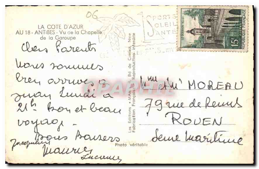 CPA La Cote d'Azur Antibes vu de la Chapelle de la Garoupe  — Rückseite