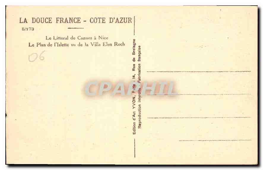 CPA Cote d'Azur le Littoral de Cannes a Nice le Plan de l'Islette vu de la Villa Elen Roch  — Verso