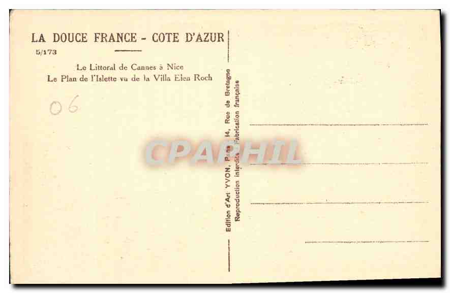 Le Littoral de Cannes à Nice — Le Plan de l'Islette vu de la Villa Elen Roch — Édition d'Art YVON, Paris — Verso
