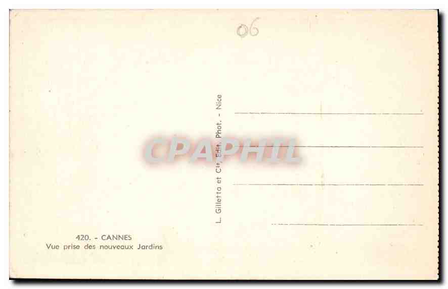 Cannes — Vue des nouveaux Jardins — L. Gilletta et Cie, Nice — Verso