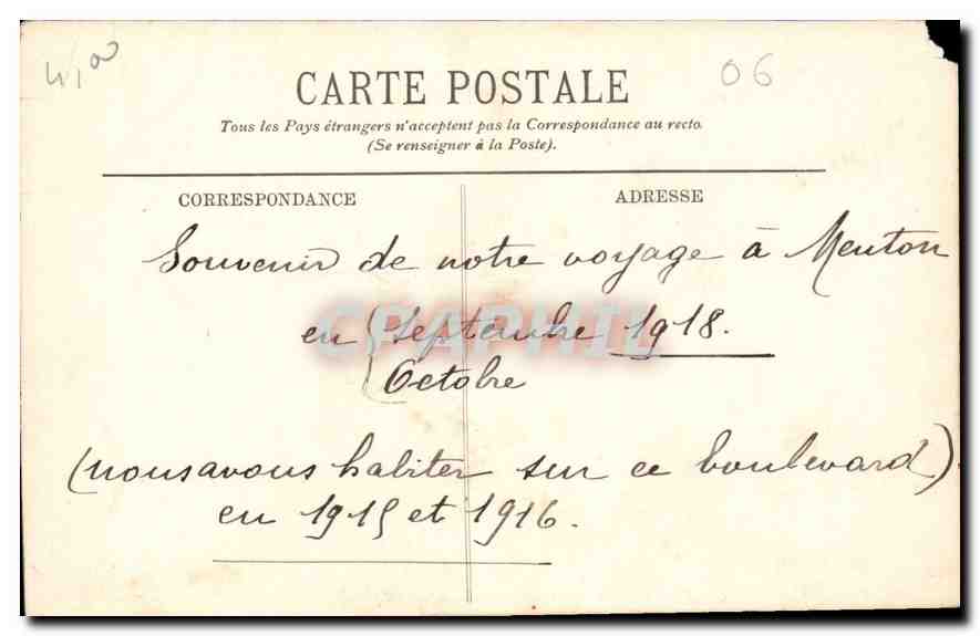 CPA Menton Vue prise des Hauteurs de Garavan  — Rückseite