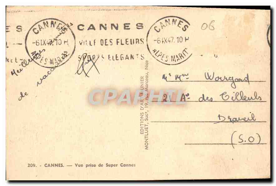 CPA Cannes Vue prise de Super Cannes  — Rückseite