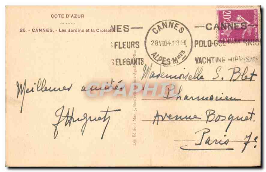 CPA Cannes Les jardins et la Croisette — Rückseite