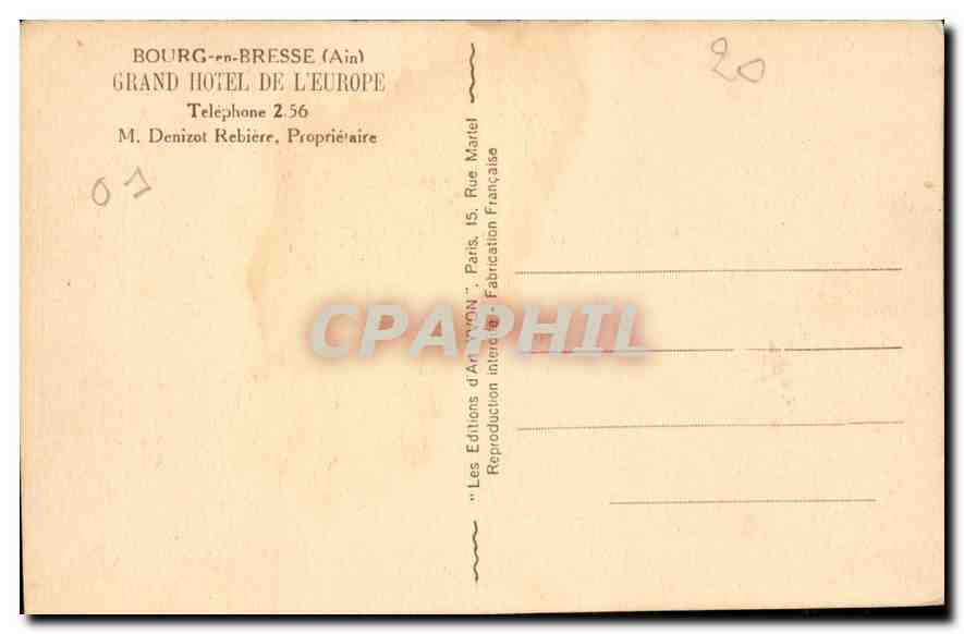 CPA Bourg en Bresse Ain Grand Hotel de l'Eupore  — Rückseite